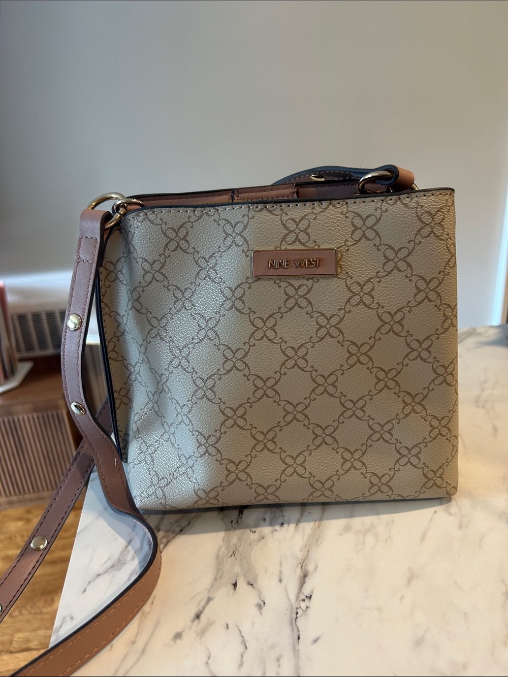 Nine West Taupe Monogram Crossbody Bag with Brown Strap